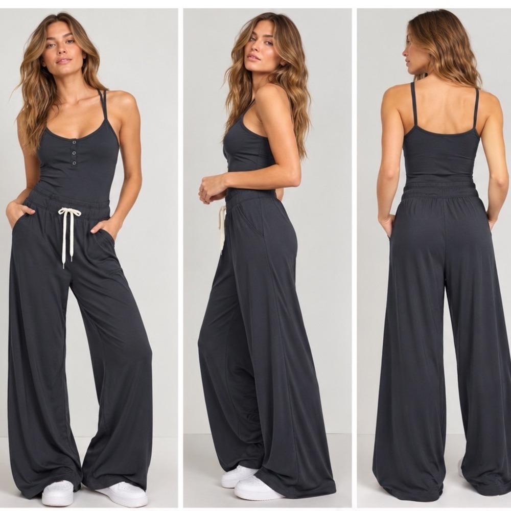 Vuori Women XS Pose Henley Jumpsuit Black Modal Ribbed Wide Leg Athleisure